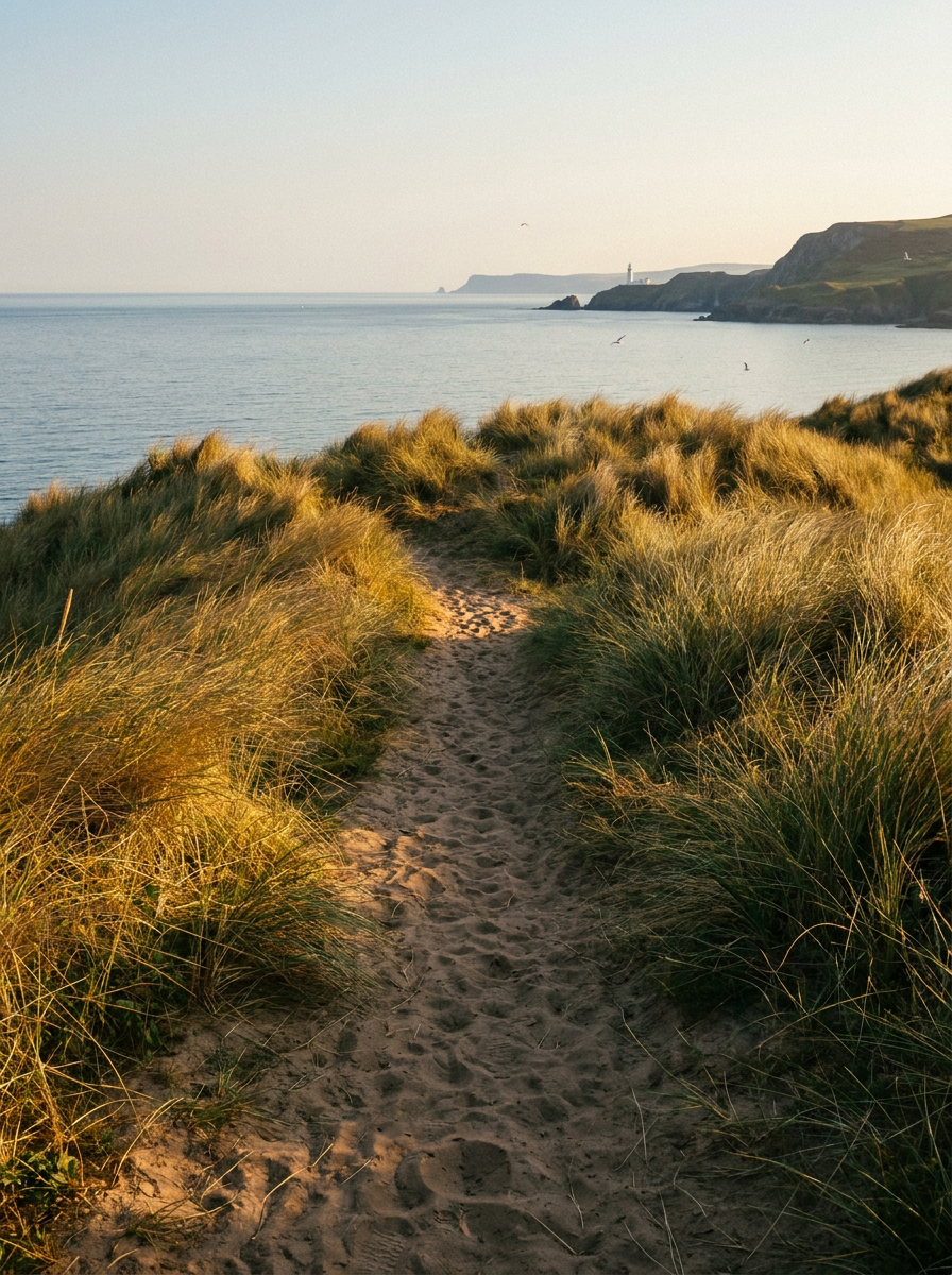 A sandy path through dunes overlooking the sea
